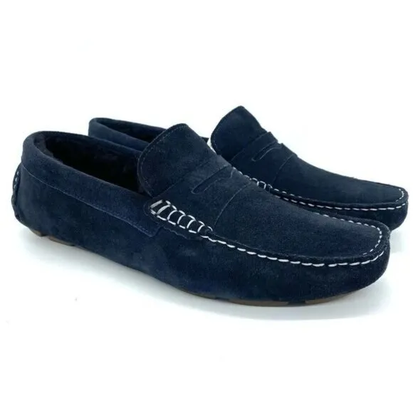 Mens Loafer Slippers Blue Suede Shearling Moc Toe New