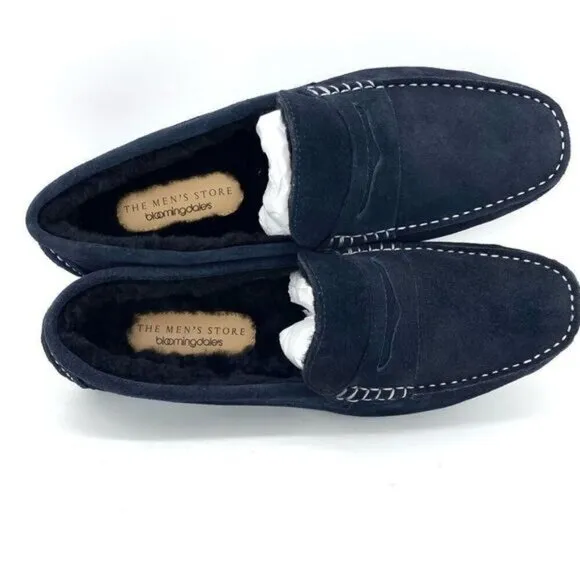 Mens Loafer Slippers Blue Suede Shearling Moc Toe New