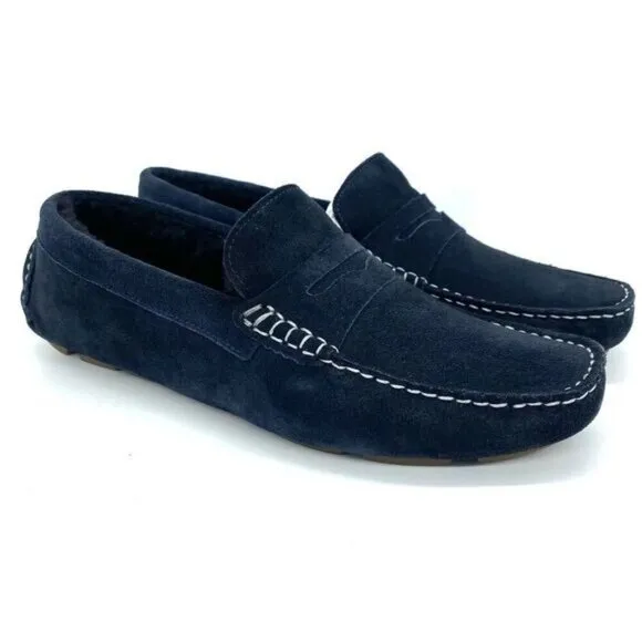 Mens Loafer Slippers Blue Suede Shearling Moc Toe New