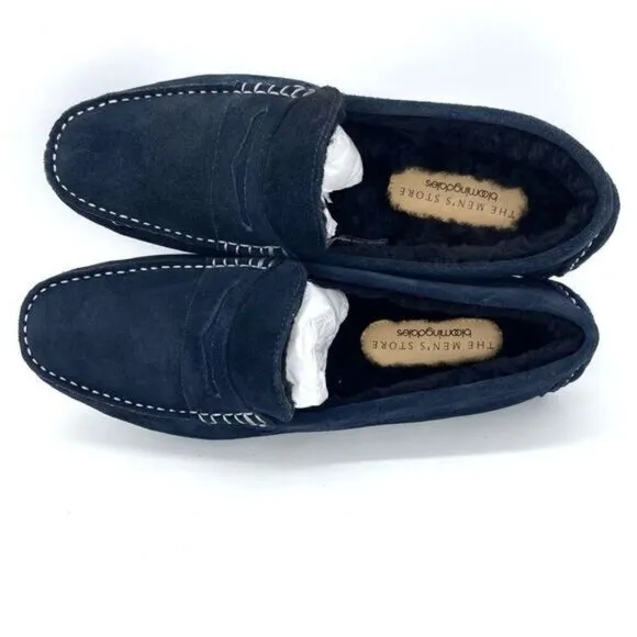 Mens Loafer Slippers Blue Suede Shearling Moc Toe New