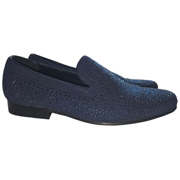 Men's Moretti Black Label Loafers Navy 9.5 Rhinestone Dress Slip On Red Soles