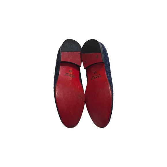Men's Moretti Black Label Loafers Navy 9.5 Rhinestone Dress Slip On Red Soles