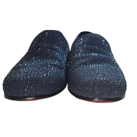 Men's Moretti Black Label Loafers Navy 9.5 Rhinestone Dress Slip On Red Soles