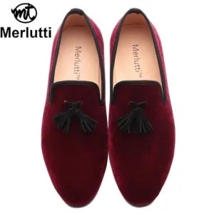 Merlutti Burgundy Black Velvet Tassel Prom Wedding‎ Loafers Shoes Size 14