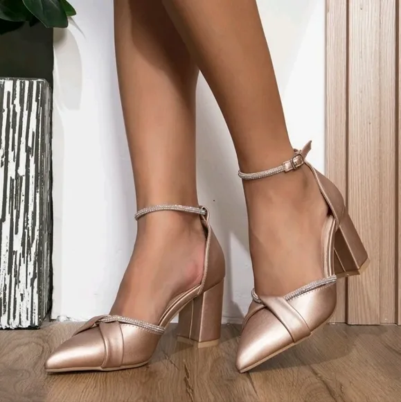 Metallic Rhinestone Decor Twist Detail Ankle Strap Pumps