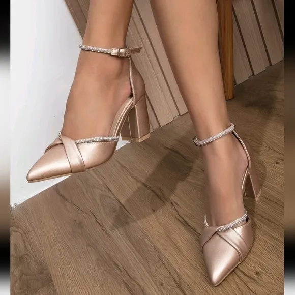 Metallic Rhinestone Decor Twist Detail Ankle Strap Pumps