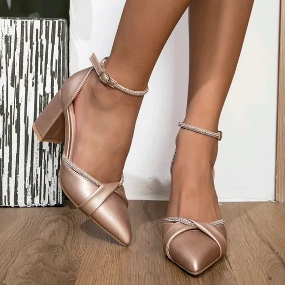 Metallic Rhinestone Decor Twist Detail Ankle Strap Pumps