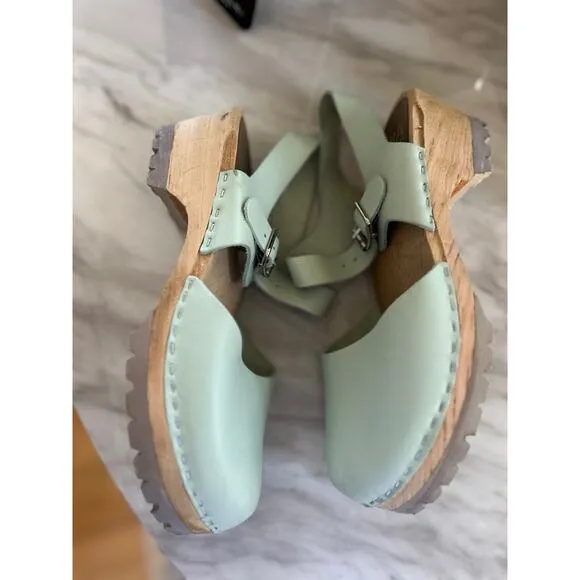 MIA Mint Green Swedish Wood Sole Leather Mary Jane Clog