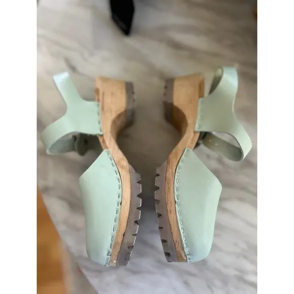 MIA Mint Green Swedish Wood Sole Leather Mary Jane Clog