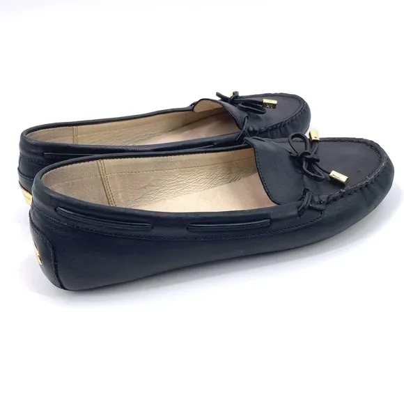 Michael Kors Black Sutton Leather Moccasins Gold Accents Size 9M Driving Loafer