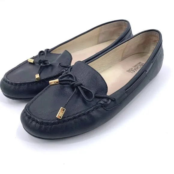 Michael Kors Black Sutton Leather Moccasins Gold Accents Size 9M Driving Loafer
