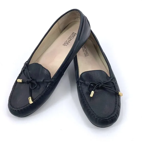 Michael Kors Black Sutton Leather Moccasins Gold Accents Size 9M Driving Loafer
