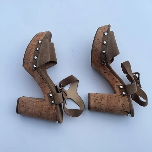 Michael Kors tan suede cork heel scandal shoes NEW