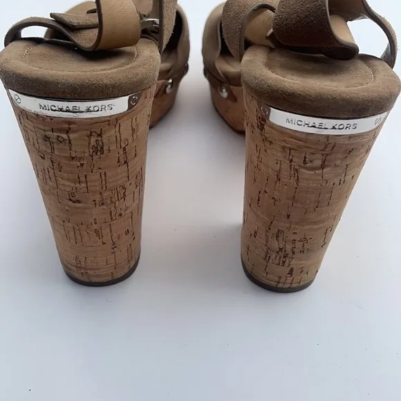 Michael Kors tan suede cork heel scandal shoes NEW