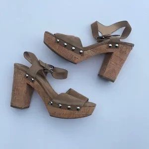Michael Kors tan suede cork heel scandal shoes NEW