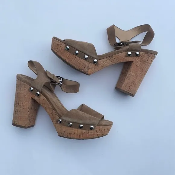 Michael Kors tan suede cork heel scandal shoes NEW