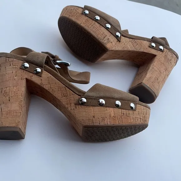 Michael Kors tan suede cork heel scandal shoes NEW