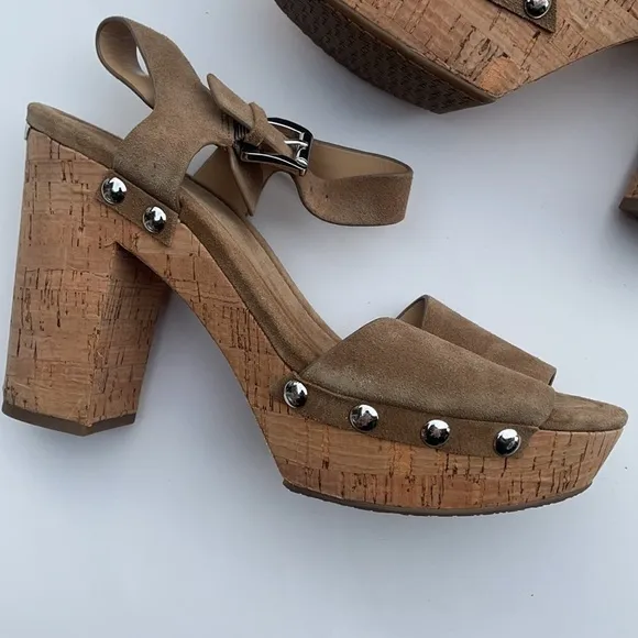 Michael Kors tan suede cork heel scandal shoes NEW