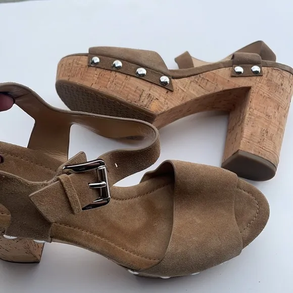 Michael Kors tan suede cork heel scandal shoes NEW