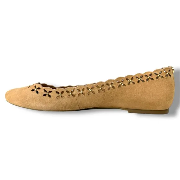 Michael Kors Thalia Boho Suede Ballet Flats, Floral Die Cut, Tan, Size 8.5