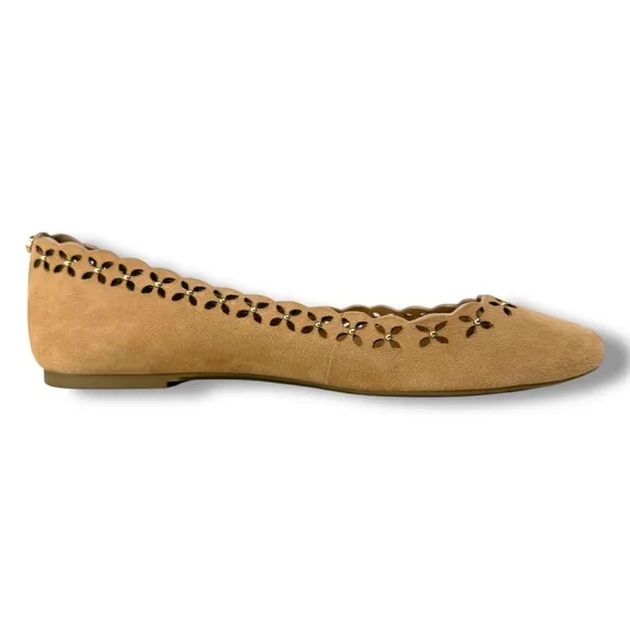Michael Kors Thalia Boho Suede Ballet Flats, Floral Die Cut, Tan, Size 8.5