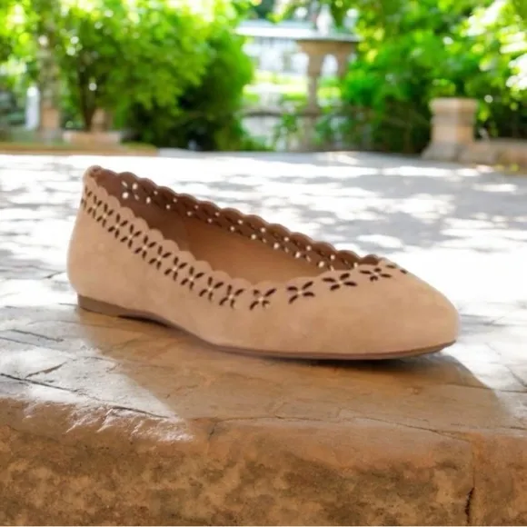 Michael Kors Thalia Boho Suede Ballet Flats, Floral Die Cut, Tan, Size 8.5