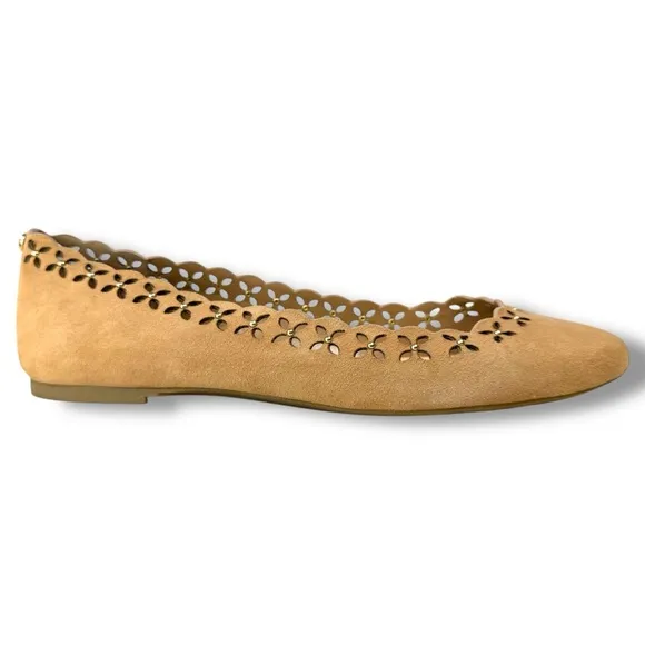 Michael Kors Thalia Boho Suede Ballet Flats, Floral Die Cut, Tan, Size 8.5
