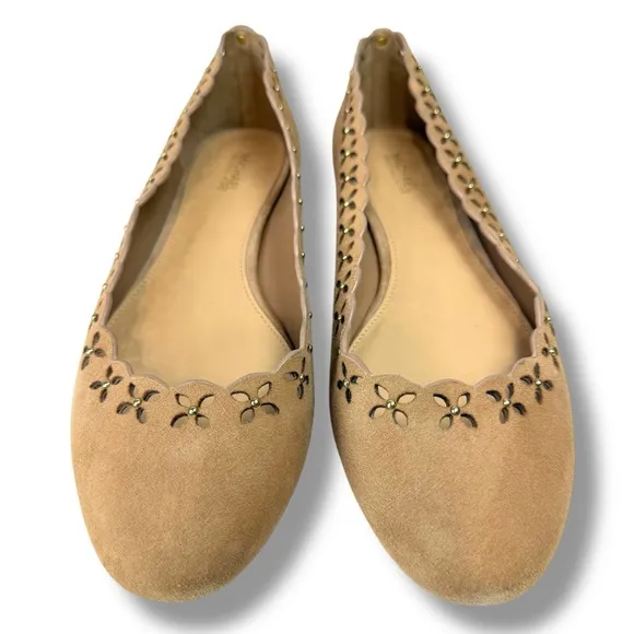 Michael Kors Thalia Boho Suede Ballet Flats, Floral Die Cut, Tan, Size 8.5