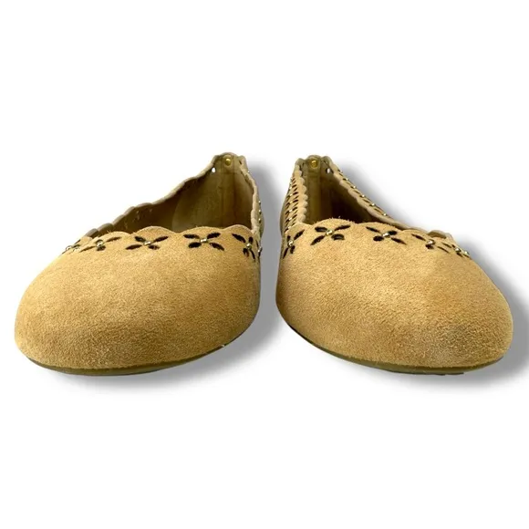 Michael Kors Thalia Boho Suede Ballet Flats, Floral Die Cut, Tan, Size 8.5