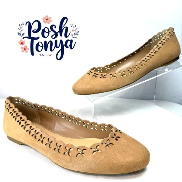 Michael Kors Thalia Boho Suede Ballet Flats, Floral Die Cut, Tan, Size 8.5