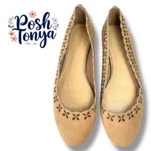 Michael Kors Thalia Boho Suede Ballet Flats, Floral Die Cut, Tan, Size 8.5