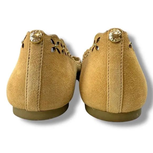 Michael Kors Thalia Boho Suede Ballet Flats, Floral Die Cut, Tan, Size 8.5