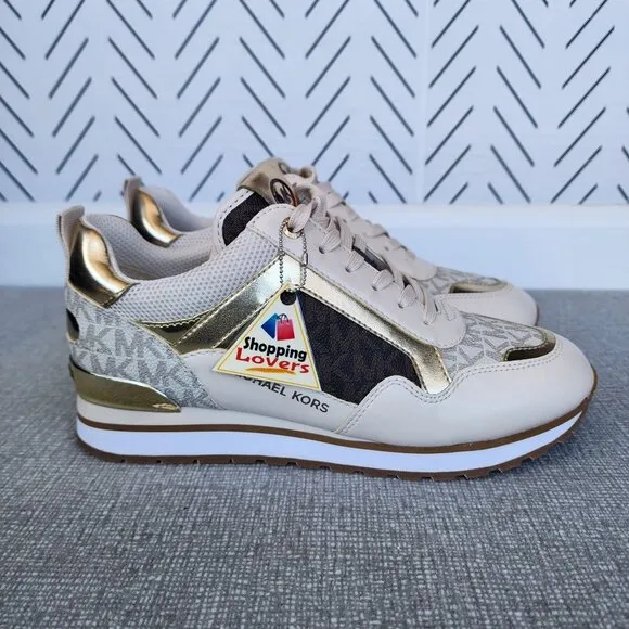 🤩Michael Kors Wilma Trainer Sz 5 Women Sneakers Brown Gold Casual Comfy Shoes