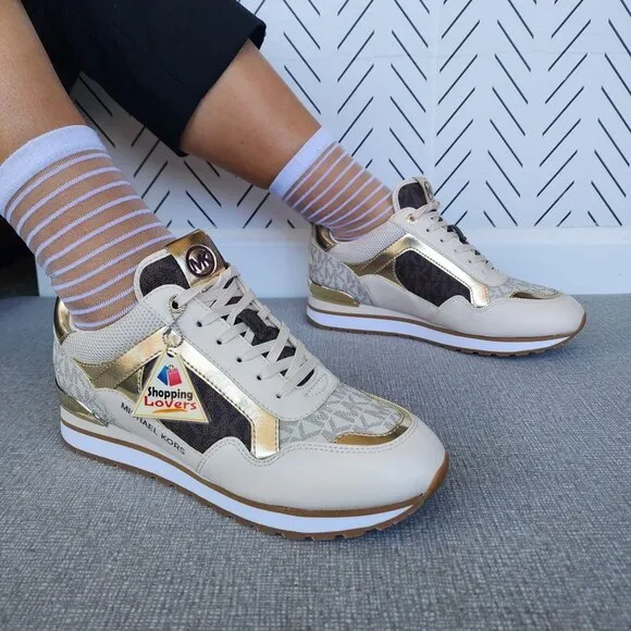 🤩Michael Kors Wilma Trainer Sz 5 Women Sneakers Brown Gold Casual Comfy Shoes