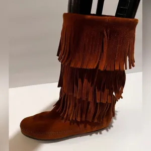 Minnetonka Shoes Womens 10 Boots Brown Western Moccasins Fringes Native Mid Calf