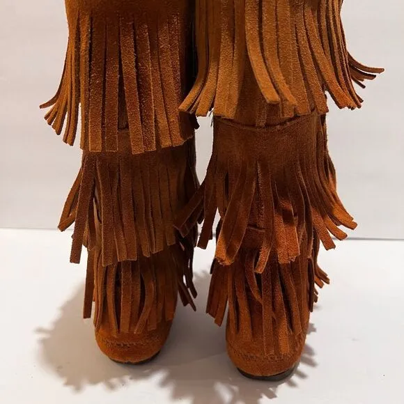 Minnetonka Shoes Womens 10 Boots Brown Western Moccasins Fringes Native Mid Calf