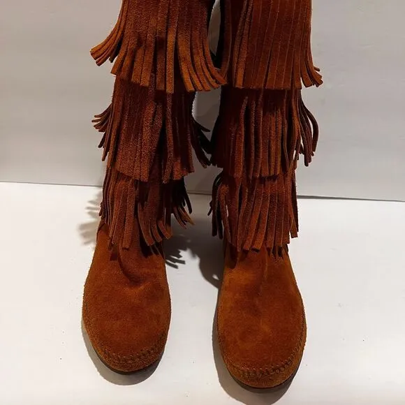 Minnetonka Shoes Womens 10 Boots Brown Western Moccasins Fringes Native Mid Calf