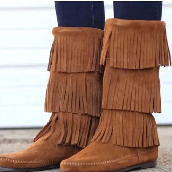 Minnetonka Shoes Womens 10 Boots Brown Western Moccasins Fringes Native Mid Calf