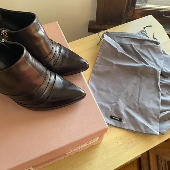 Miu Miu Dark Brown Leather Wedge Moto Booties w/ box &amp; dust bags Size 7.5