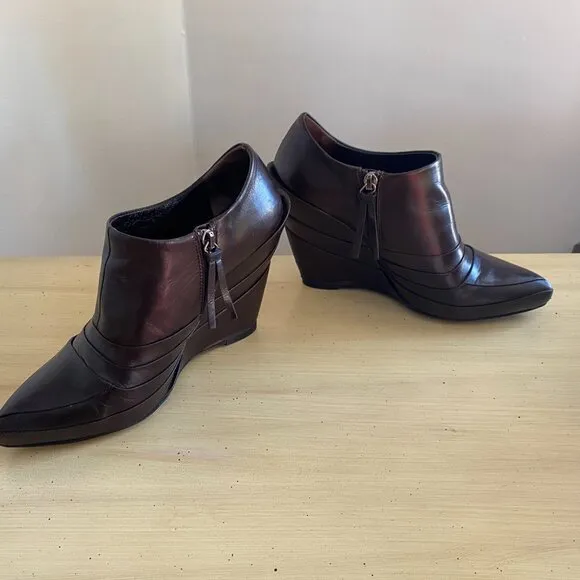 Miu Miu Dark Brown Leather Wedge Moto Booties w/ box &amp; dust bags Size 7.5