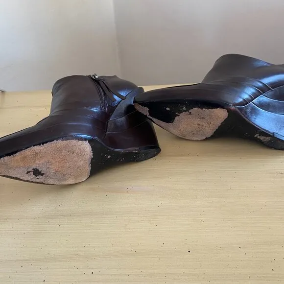 Miu Miu Dark Brown Leather Wedge Moto Booties w/ box &amp; dust bags Size 7.5
