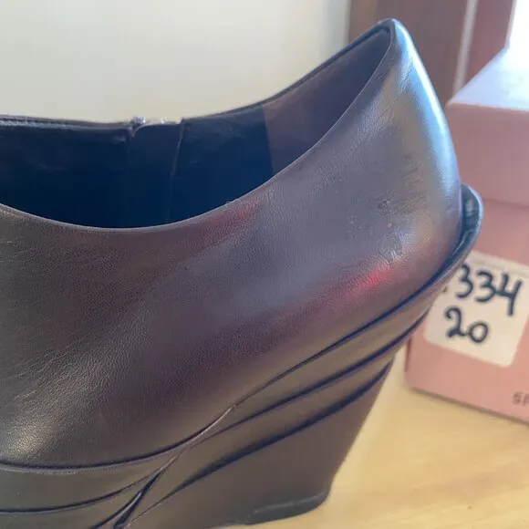 Miu Miu Dark Brown Leather Wedge Moto Booties w/ box &amp; dust bags Size 7.5