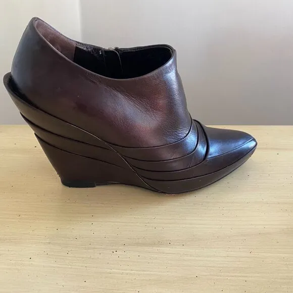 Miu Miu Dark Brown Leather Wedge Moto Booties w/ box &amp; dust bags Size 7.5