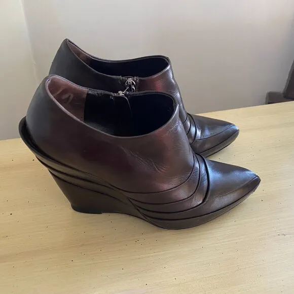 Miu Miu Dark Brown Leather Wedge Moto Booties w/ box &amp; dust bags Size 7.5