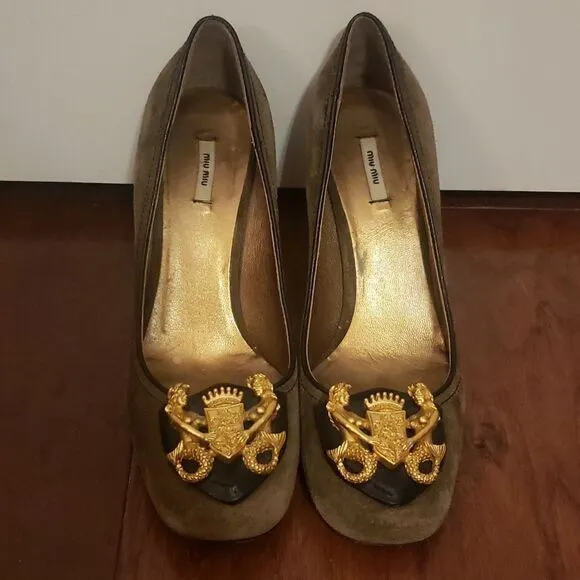 Miu Miu Womens Vintage Mermaid Pumps Olive Green Suede Size 35.5