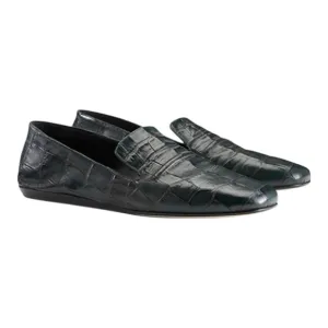 M.M. Lafleur New York Green Leather Embossed Croc Slip-On Grace Loafers. Size 6.