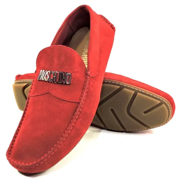 MOSCHINO 🇮🇹 MEN'S RED SOFT SUEDE COMFORT FLATS SUMMER LOAFERS