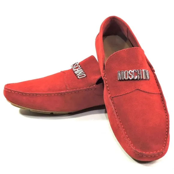 MOSCHINO 🇮🇹 MEN'S RED SOFT SUEDE COMFORT FLATS SUMMER LOAFERS
