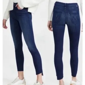 MOTHER The Stunner Zip Ankle Step Fray Jeans Dark Wash Size 28