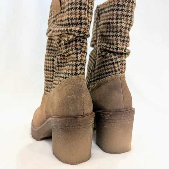 MUK LUKS Platform Riser Boots 9.5 Chunky Tread Houdstooth Pattern Shaft Tan Bwn
